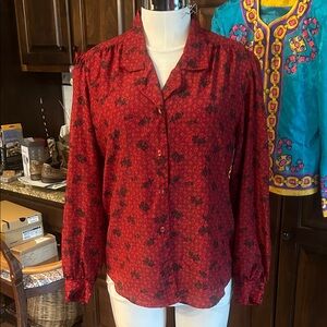 Vintage 1980’s Shapely Sz M Red Floral Women's Silky Secretary Top GVC